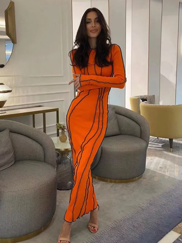 Wavy Striped Bodycon Midi Dress with Long Sleeves