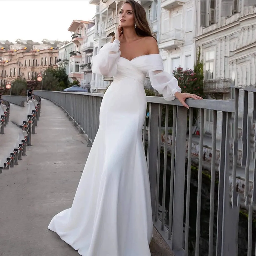 Wedding Dresses Long Puff Sleeve Women Lace Beach  Boho Bride Gowns