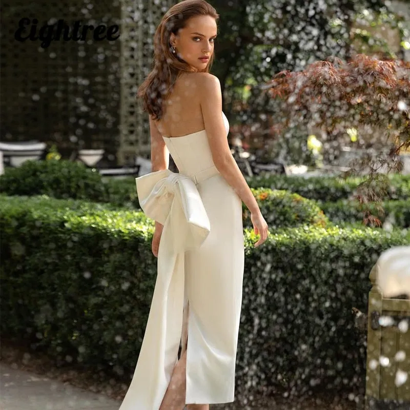 Wedding Dresses Strapless Split Bridal Dress With Bow Tea-Length
