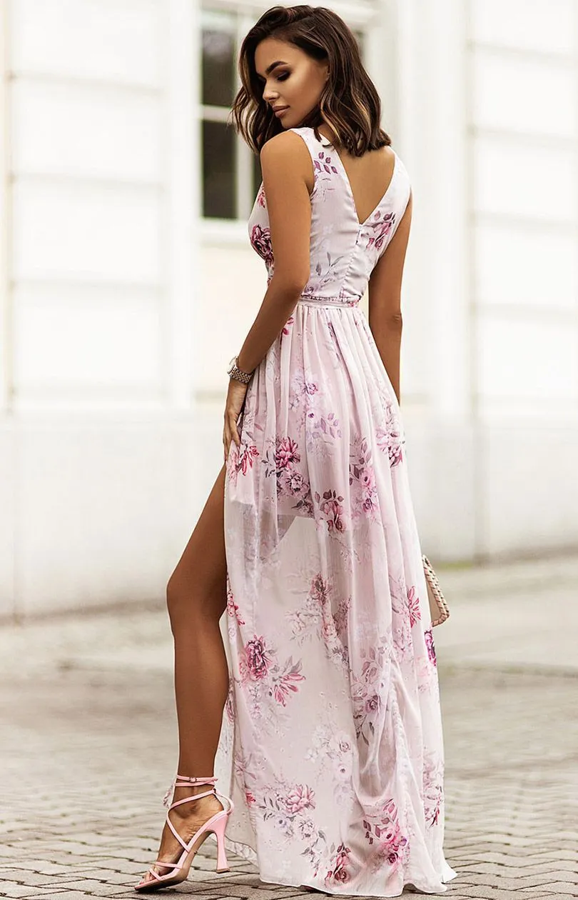 WHITE BOHO FLORAL PRINT V NECK SPLIT MAXI CHIFFON DRESS
