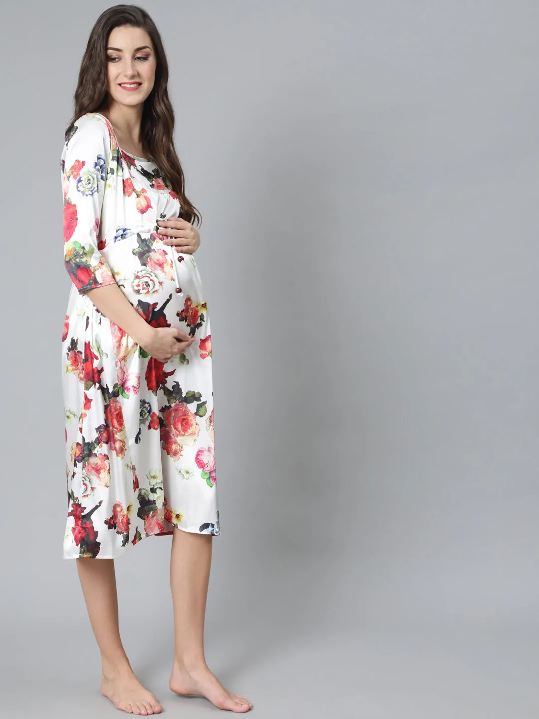 White Floral Print Night Dress
