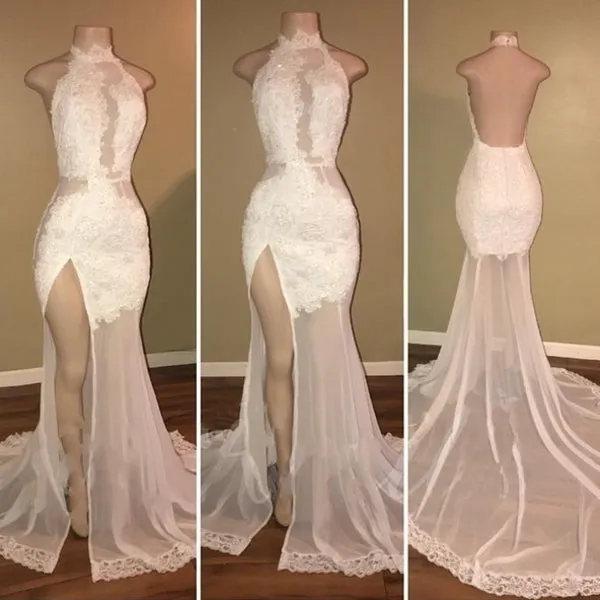 White High Neck Lace Backless Prom Dresses