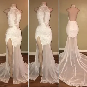 White High Neck Lace Backless Prom Dresses