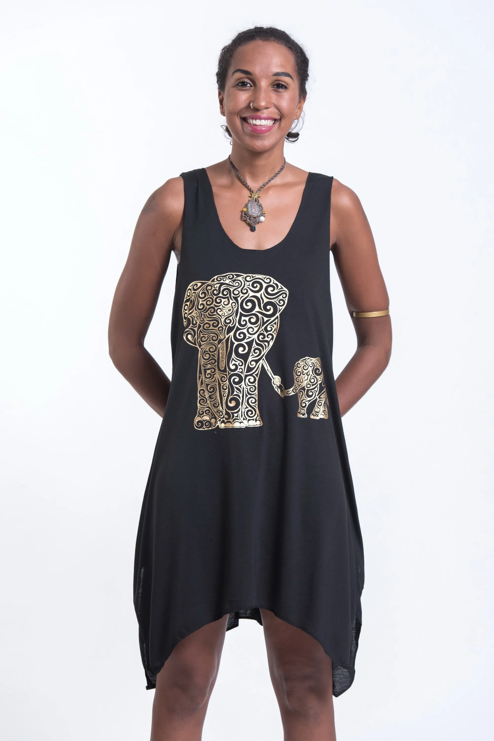Womens Big Mama Elephant Tank Dress in Gold on Black