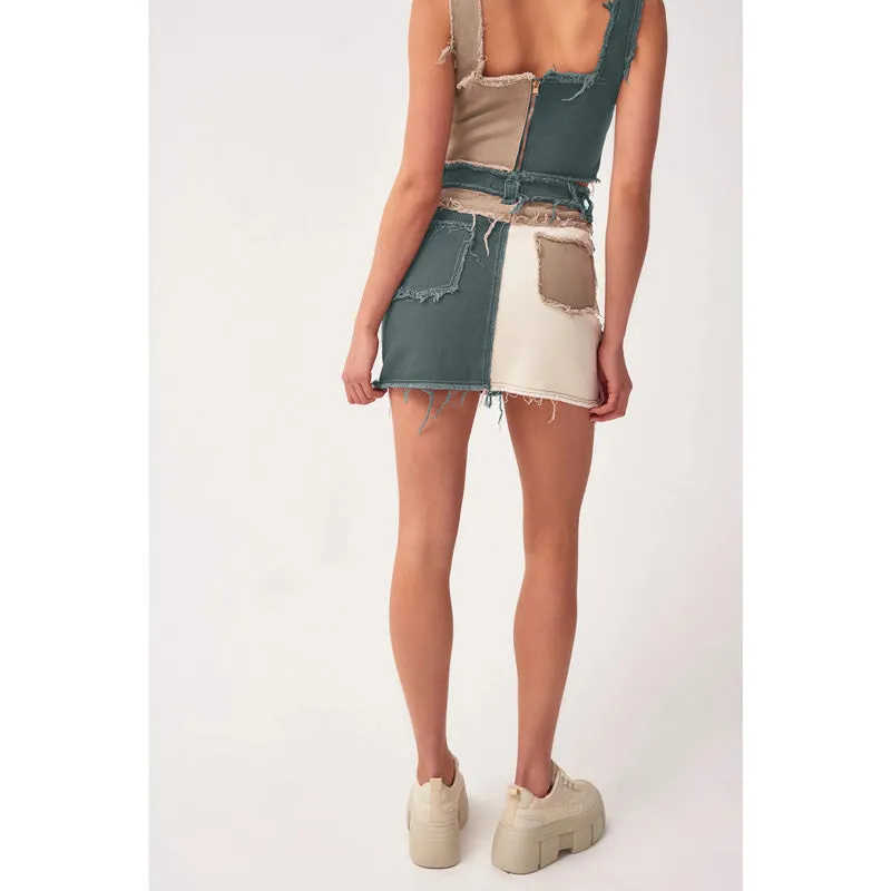 Women's Fashion Mid Waisted Color Blocking Patchwork Denim Skirts