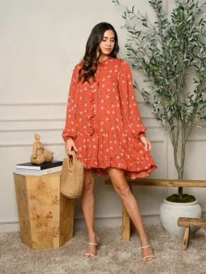 WOMEN'S LONG SLEEVE FLORAL PRINT BOHO MINI DRESS
