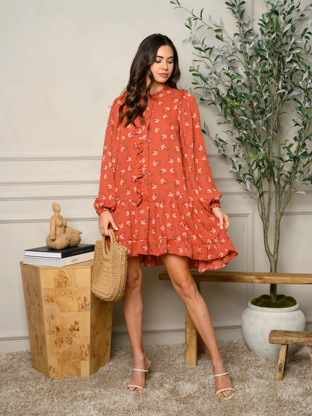 WOMEN'S LONG SLEEVE FLORAL PRINT BOHO MINI DRESS