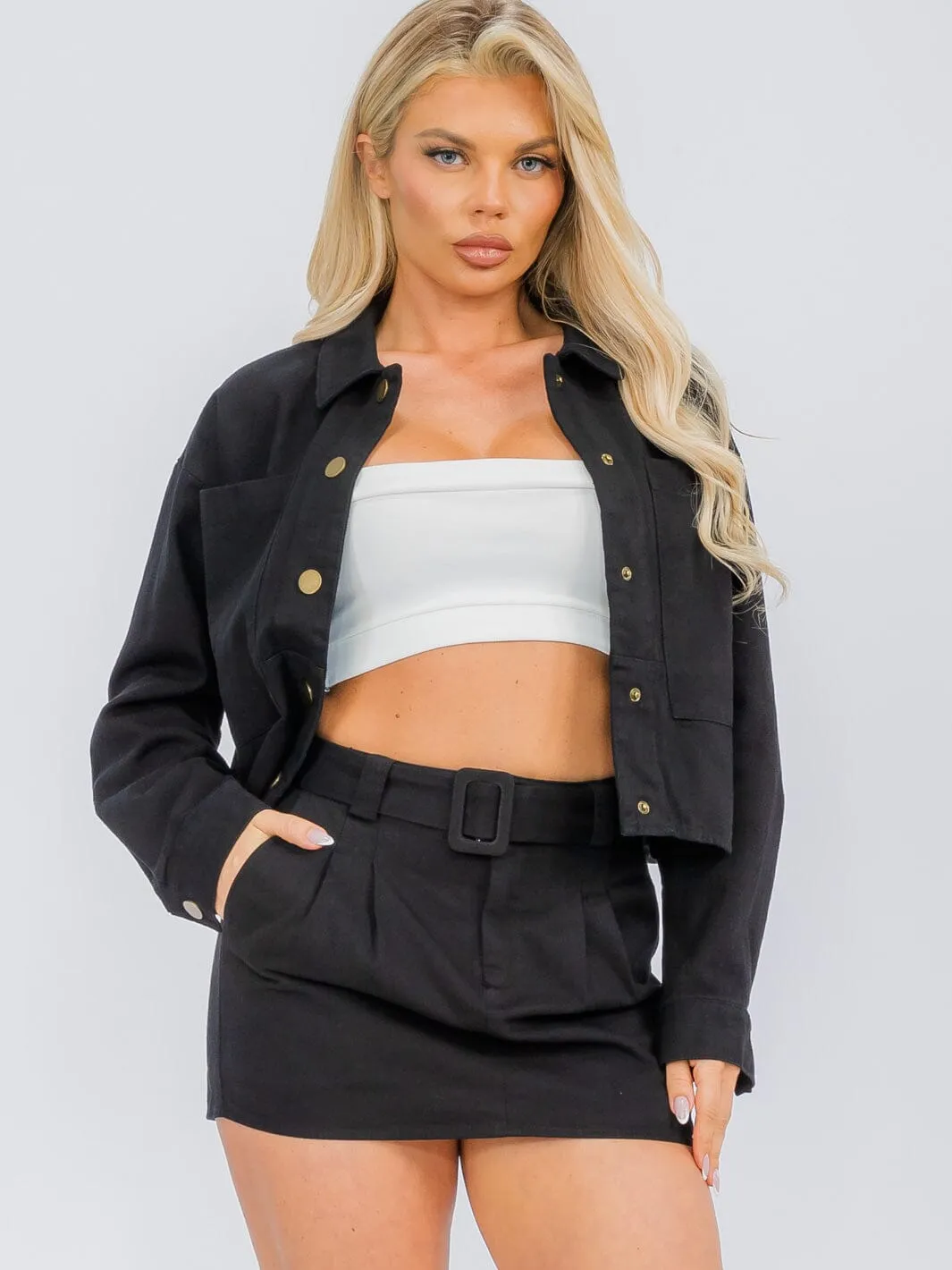 WOMEN'S LONG SLEEVE JACKET & BUTTON CLOSURE MINI SKIRT DENIM 2PC SET