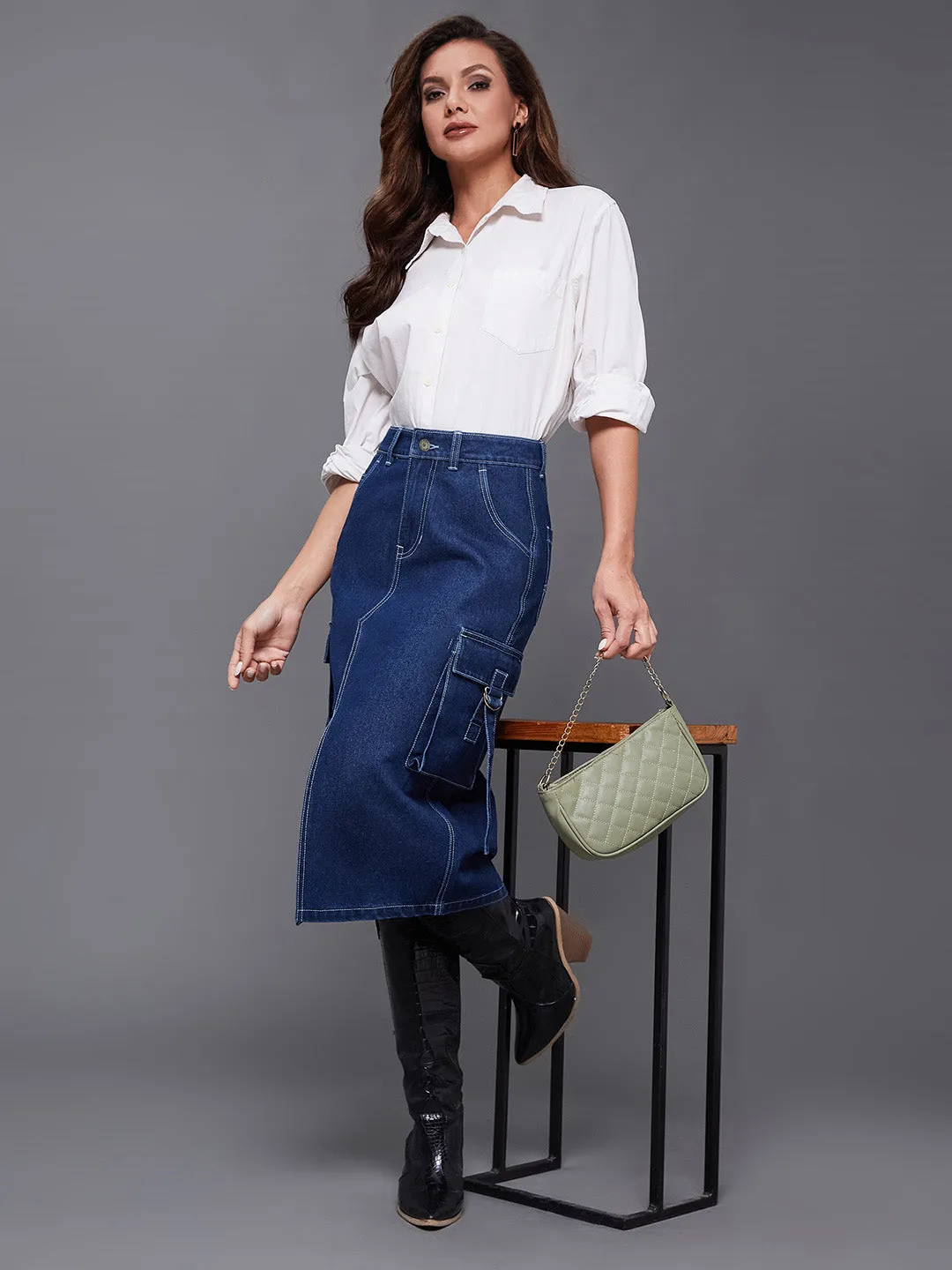 Women's Navy Blue Straight High-Rise Midi Cargo Denim Skirt