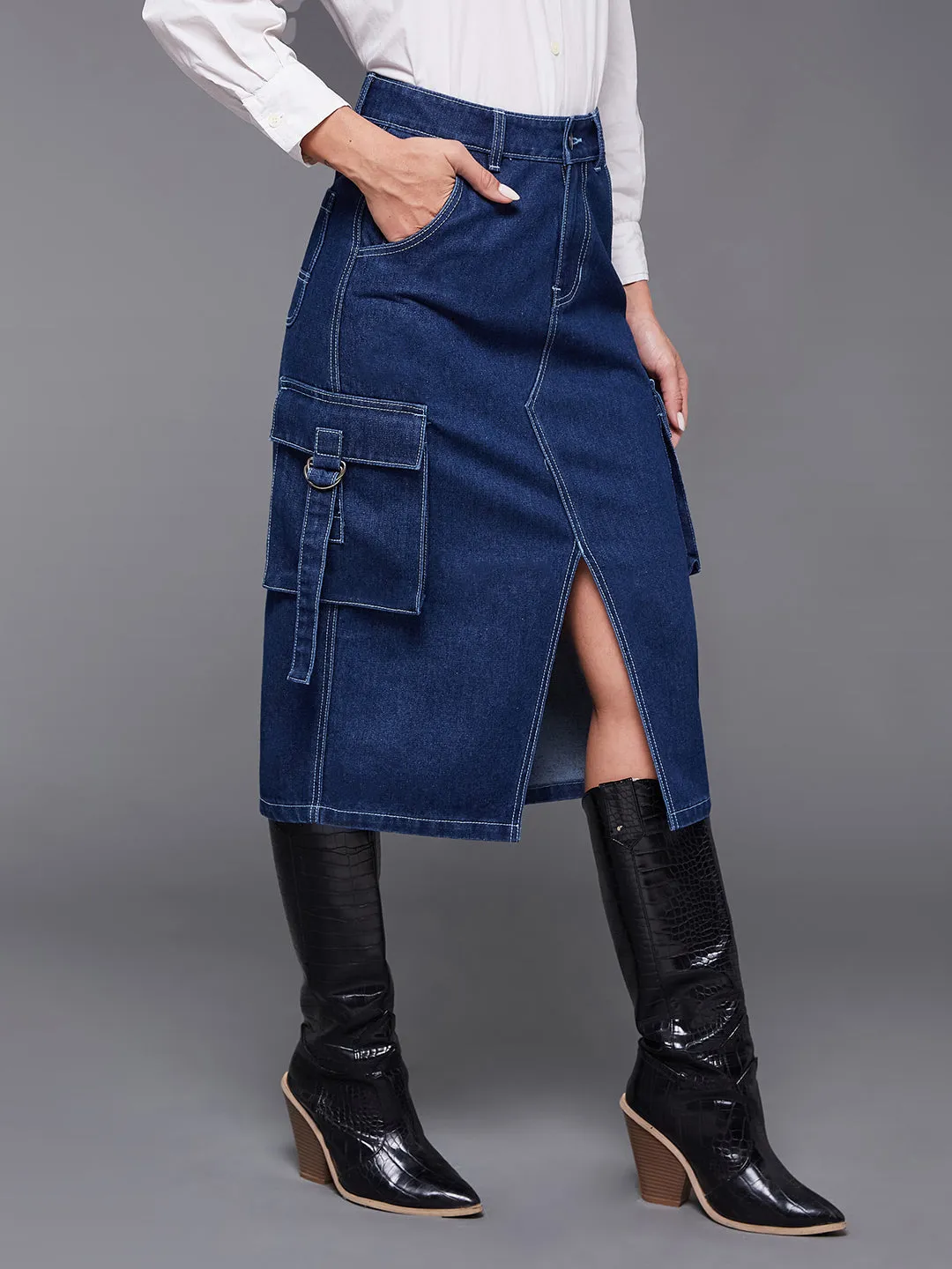 Women's Navy Blue Straight High-Rise Midi Cargo Denim Skirt