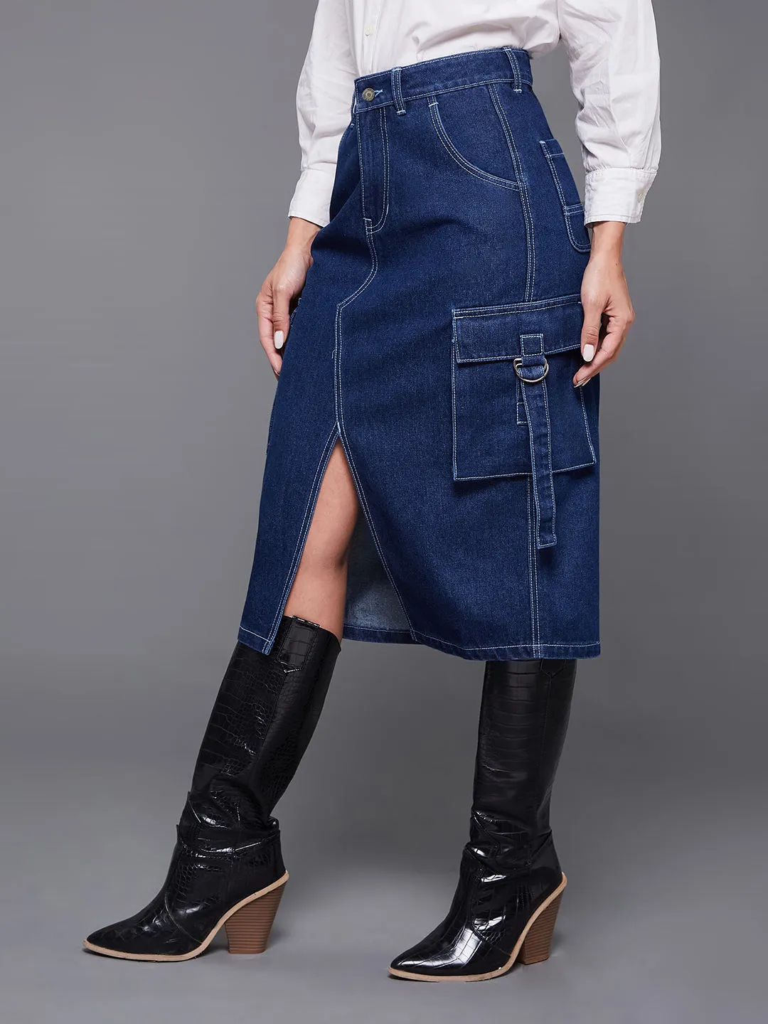 Women's Navy Blue Straight High-Rise Midi Cargo Denim Skirt