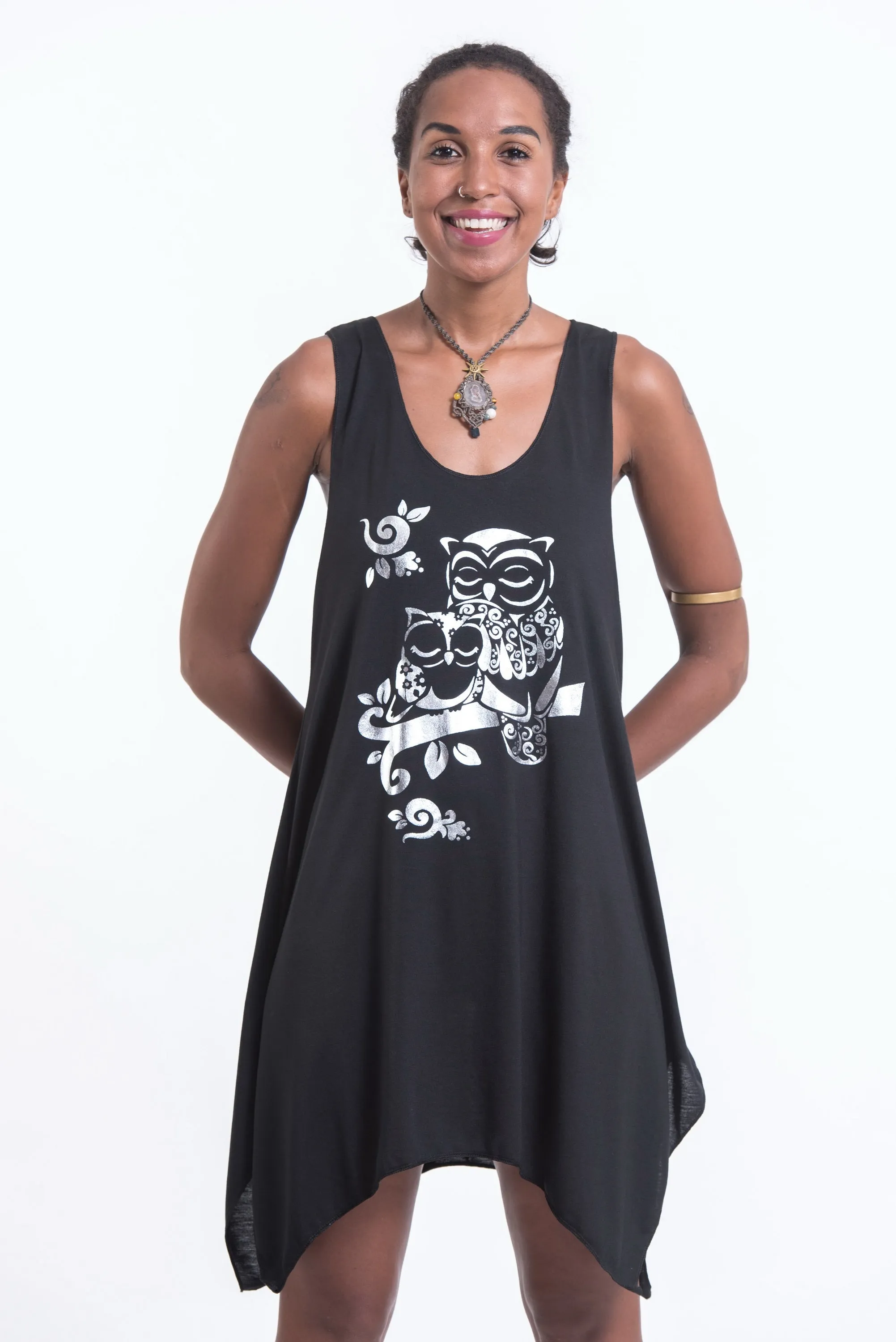 Womens Owls Tank Dress in Silver on Black
