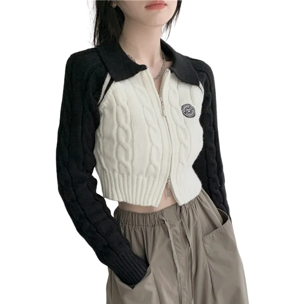 Women's Preppy Zipper men's lapel knitted sweater cardigan