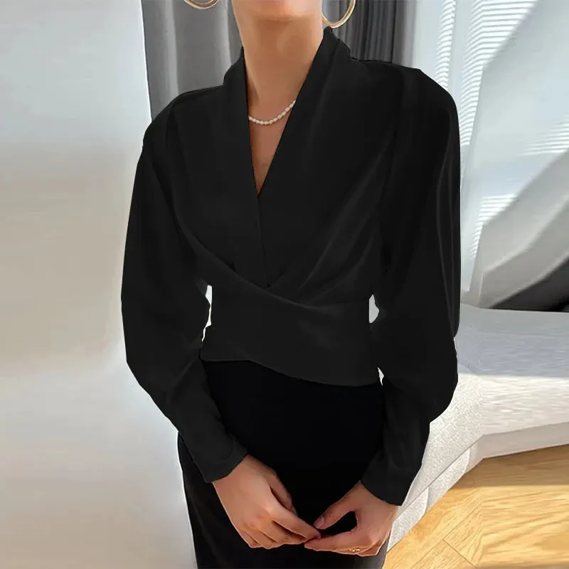 Wrapped Long Cuff Puff Sleeve Formal Blouse