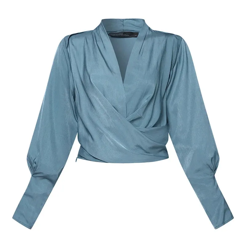 Wrapped Long Cuff Puff Sleeve Formal Blouse