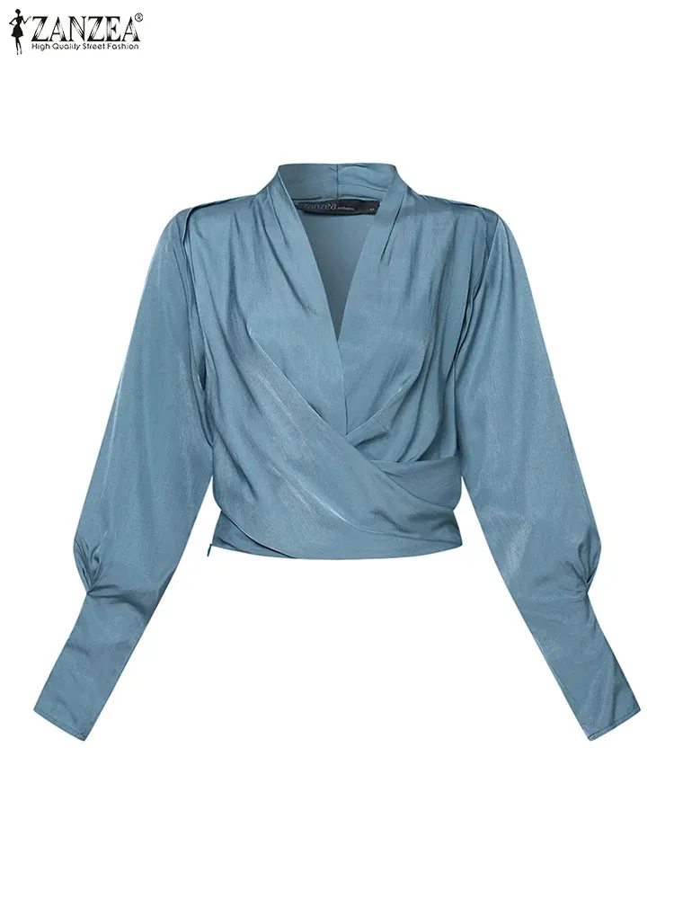 Wrapped Long Cuff Puff Sleeve Formal Blouse
