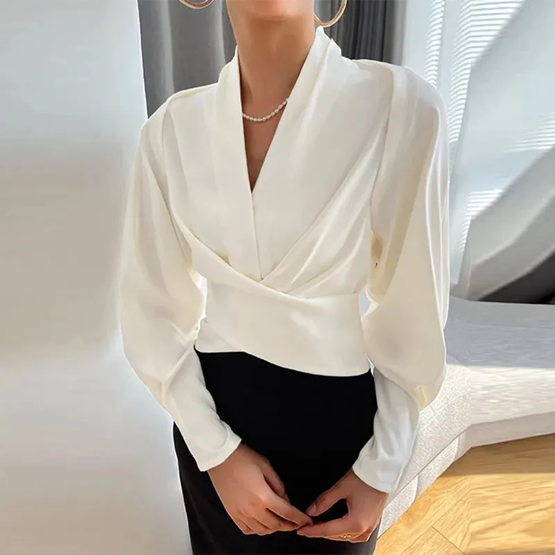 Wrapped Long Cuff Puff Sleeve Formal Blouse