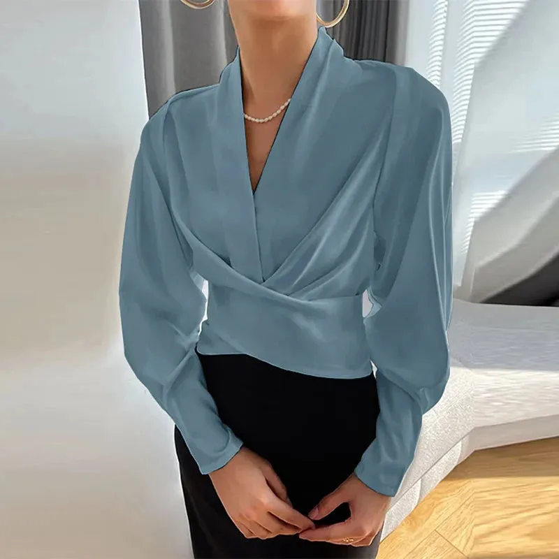 Wrapped Long Cuff Puff Sleeve Formal Blouse