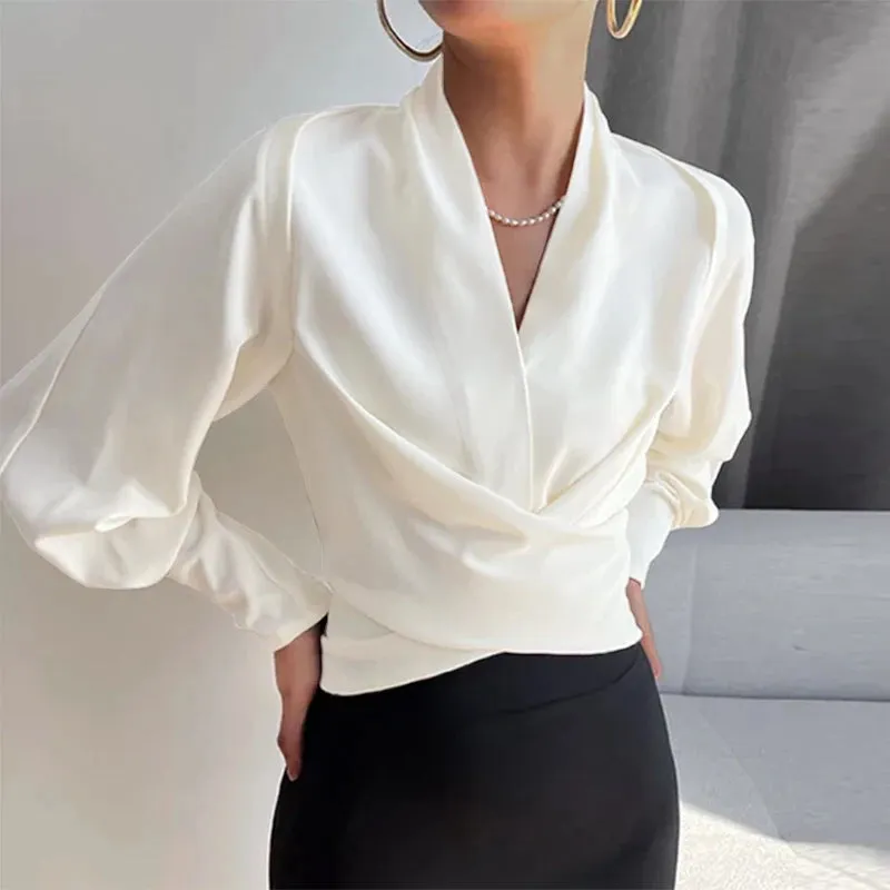 Wrapped Long Cuff Puff Sleeve Formal Blouse