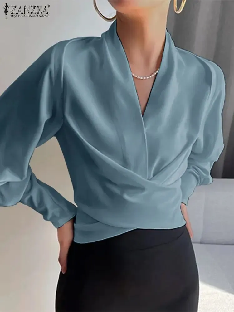 Wrapped Long Cuff Puff Sleeve Formal Blouse