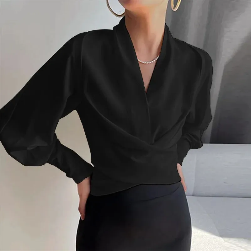 Wrapped Long Cuff Puff Sleeve Formal Blouse