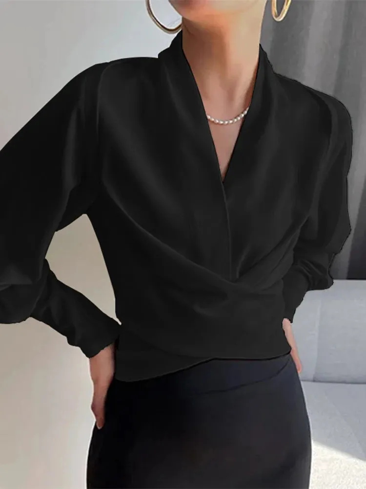 Wrapped Long Cuff Puff Sleeve Formal Blouse