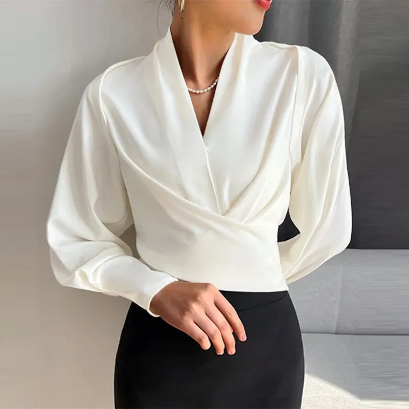 Wrapped Long Cuff Puff Sleeve Formal Blouse