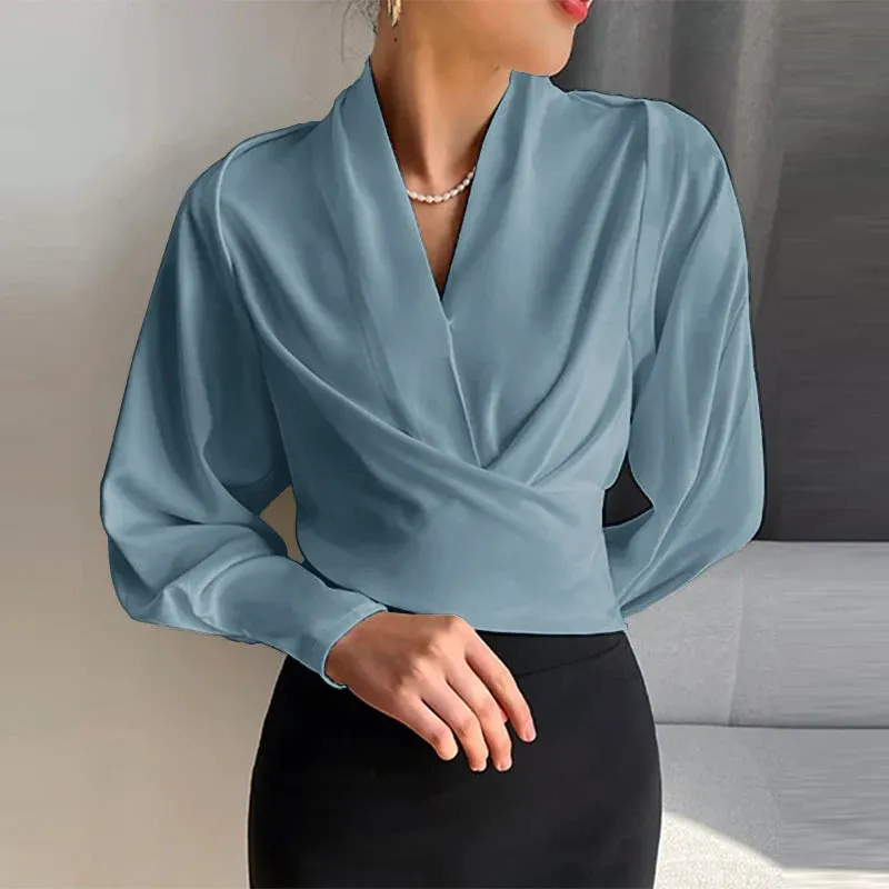 Wrapped Long Cuff Puff Sleeve Formal Blouse