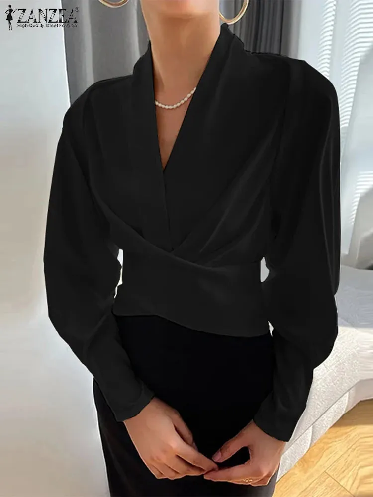 Wrapped Long Cuff Puff Sleeve Formal Blouse