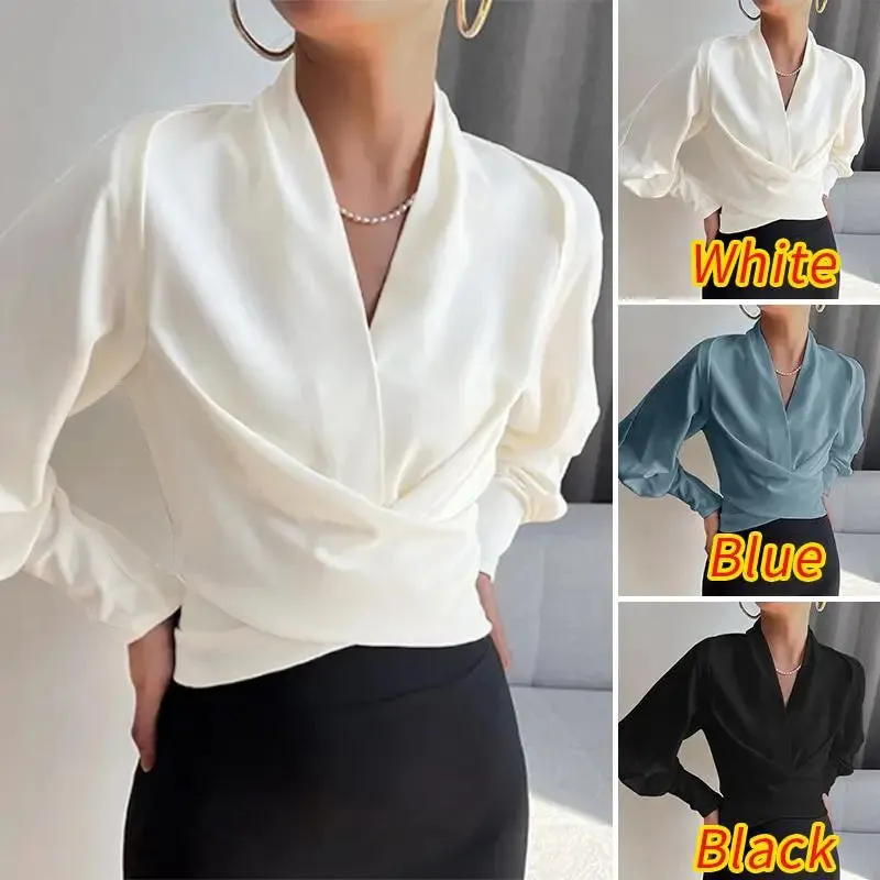 Wrapped Long Cuff Puff Sleeve Formal Blouse