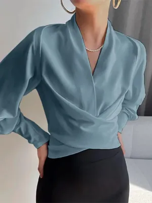 Wrapped Long Cuff Puff Sleeve Formal Blouse