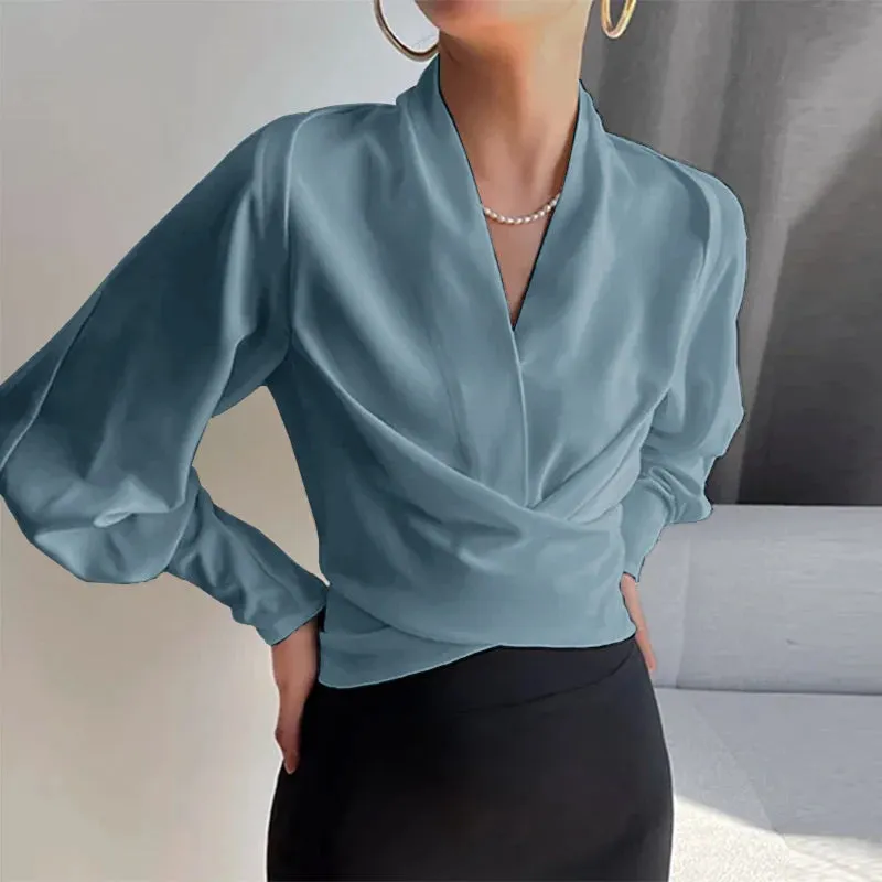 Wrapped Long Cuff Puff Sleeve Formal Blouse