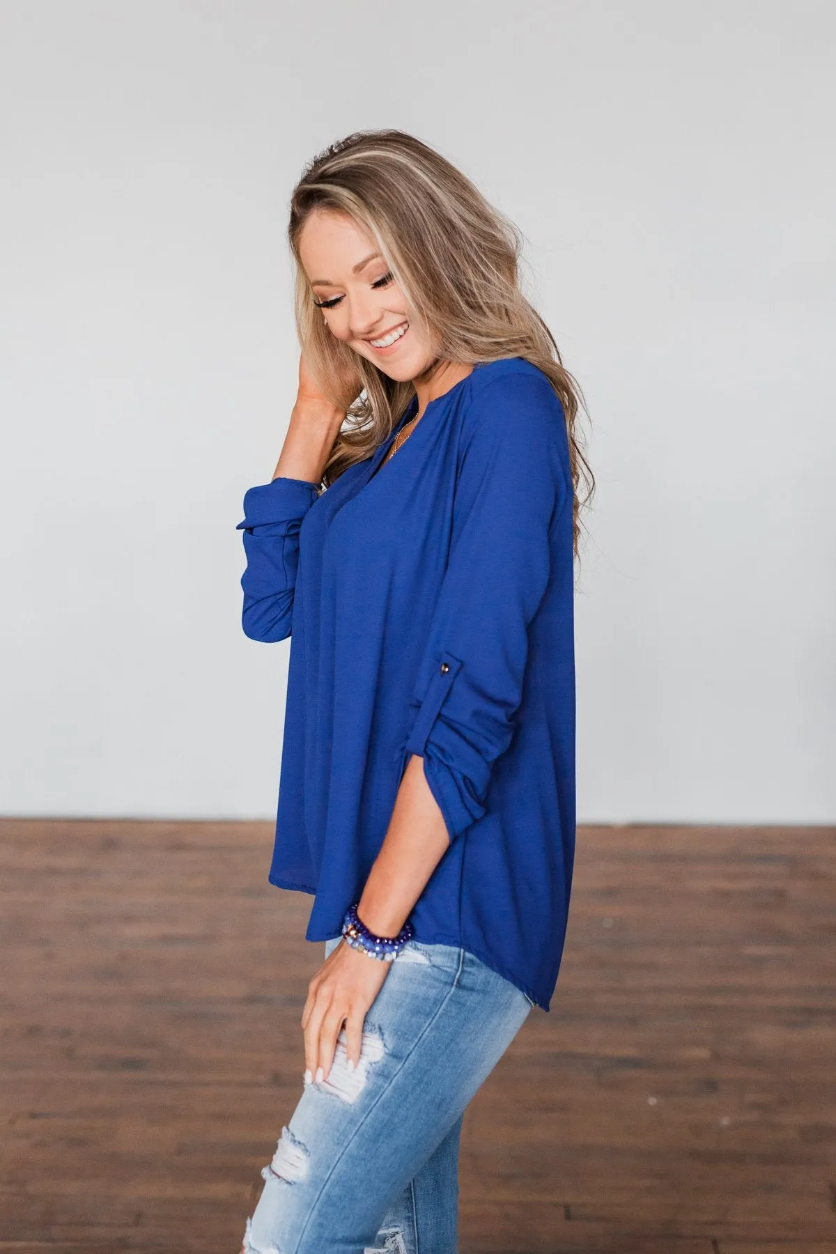 You Can Tell Me V-Neck Blouse- Royal Blue
