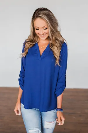 You Can Tell Me V-Neck Blouse- Royal Blue