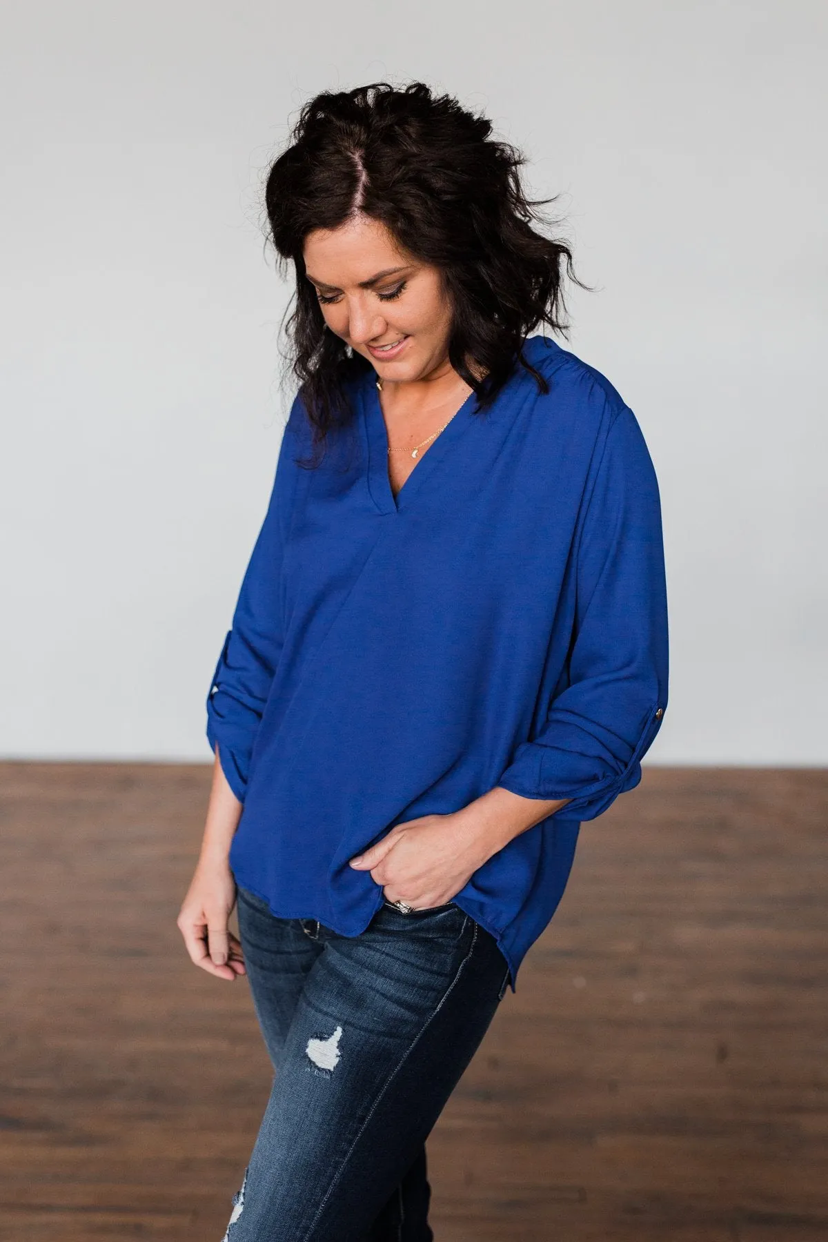 You Can Tell Me V-Neck Blouse- Royal Blue