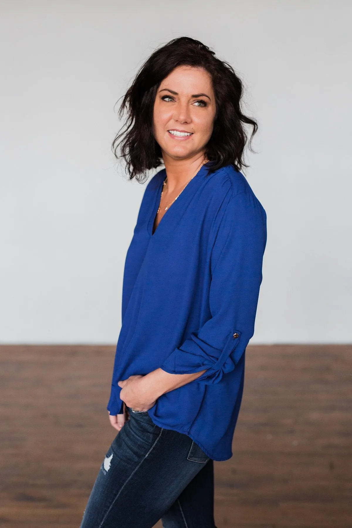You Can Tell Me V-Neck Blouse- Royal Blue